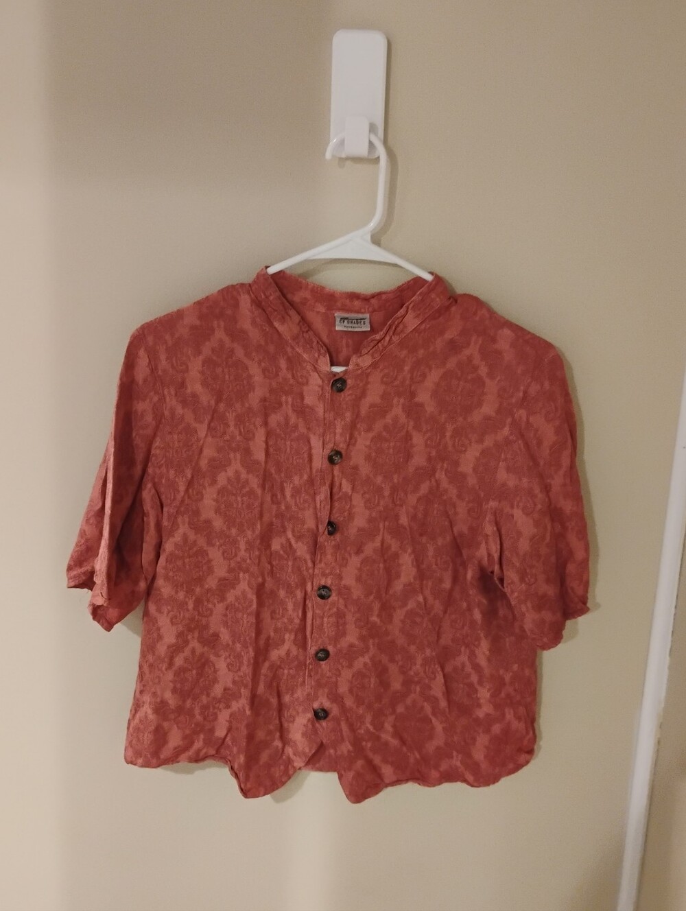 Cp Shades Women's Short Sleeve Button Down Textured Brocade Top
